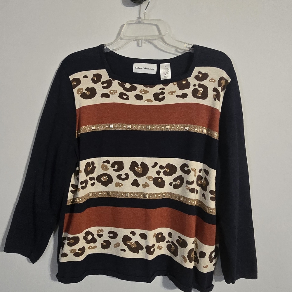 Alfred Dunner Striped Leopard Print Sweater Top with Gold Accents Size Large